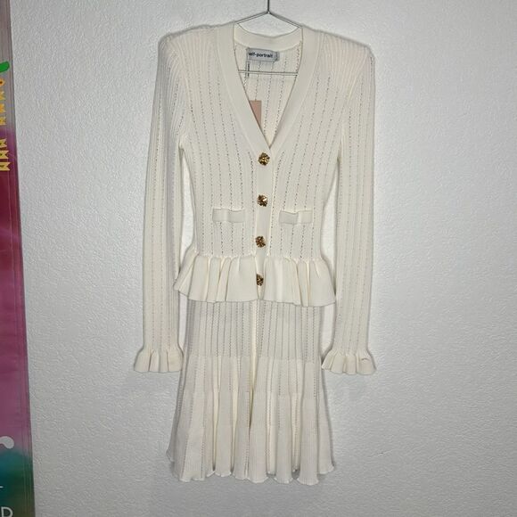 NWT SELF-Portrait WHITE KNIT PEPLUM MINI DRESS Medium - Picture 2 of 14